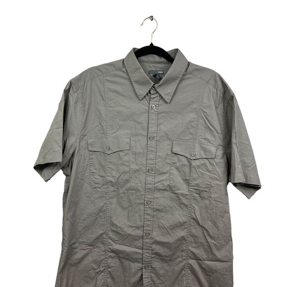 H&M Top Blouse Collared Flap Pockets Short Sleeves Khaki Taupe Women Sz XL - Picture 2 of 5